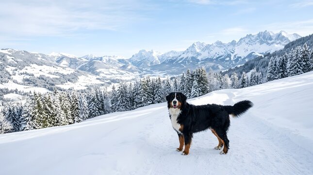 Happy Bernese Mountain Dog in Snowy Mountain Scenery