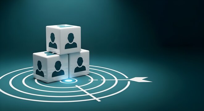 Abstract representation of customer targeting or audience segmentation with person icons on cubes on a bullseye target.