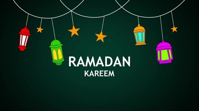 Ramadan kareem greeting card with colorful hanging lanterns and stars on dark green background, flat vector design with copy space.