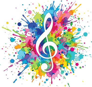 Colorful paint splash background with treble clef music symbol vibrant abstract sound and melody concept vector illustration isolated on white