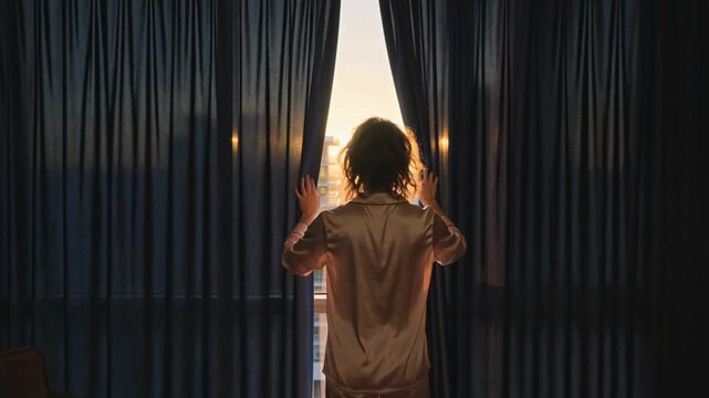 A person stands by a bedroom window opening the curtains to let in the bright morning sunlight and begin a fresh new day at home.