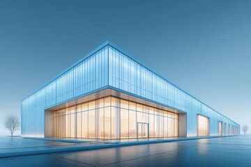 Obraz premium Modern glass building with illuminated interior and minimalist exterior design