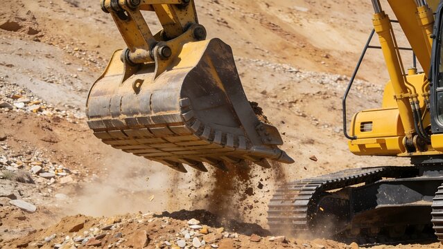 Heavy yellow hydraulic excavator bucket lifting dirt and rocks during a major construction or mining operation