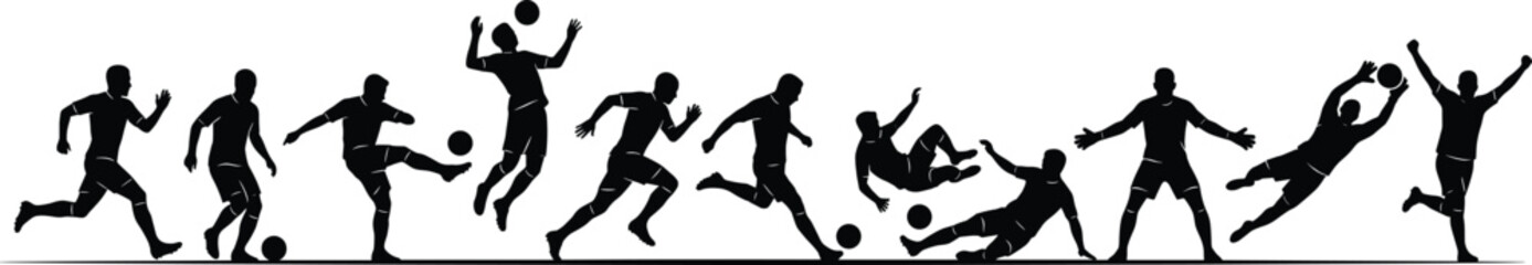 Fototapeta premium Soccer player silhouettes set showing dribbling kicking jumping tackling and goalkeeper save actions isolated vector collection for football sport design