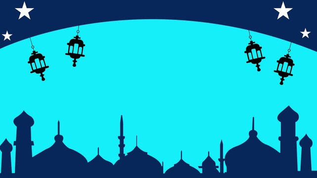 Ramadan background with mosque skyline silhouette, hanging lanterns and stars on teal sky, copy space for greeting card or festival banner.