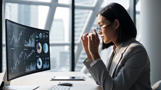 Data analysis statistics and financial charts in a modern office setting with young professional woman reviewing complex graphs on an ultra-wide monitor for market trends Investment forecasting and