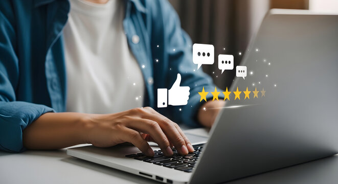 Person typing on laptop with satisfaction icons floating above keyboard