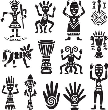 African Tribal Doodle Elements Set, Ethnic Symbols, Tribal People, Animals and Ornament Vector IllustrationAdobe Illustrator Artwork