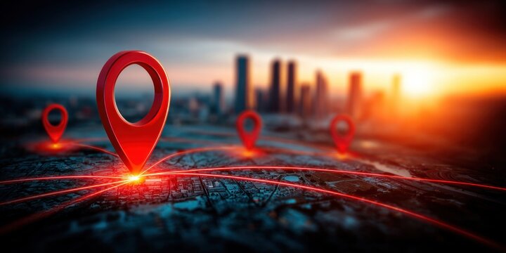 Red location pins on a map with glowing lines connecting them and city skyline at sunset