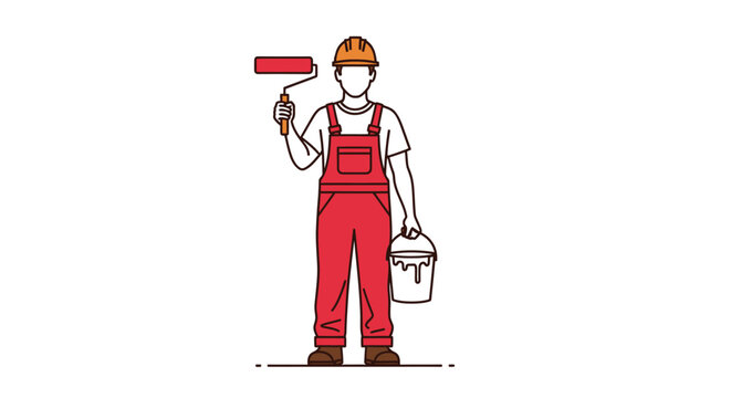 Professional painter in red overalls holding paint roller and bucket ready to work.