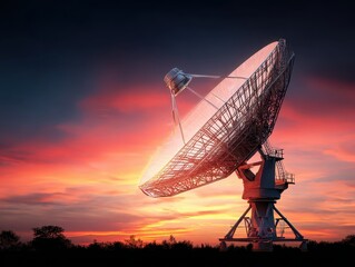 Military Satellite Dish Aiming at Sky During Dusk with Vibrant Colors