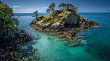 Fototapeta premium A serene island landscape with clear turquoise waters and lush greenery on a rocky shore. Perfect for nature lovers and travel enthusiasts. This image captures a peaceful and vibrant coastal scene. AI
