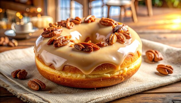 A tempting caramel glazed donut adorned with toasted pecan halves sits on a rustic linen napkin indoors