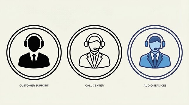"Three circular customer service icons featuring suited representatives with headsets in black, white, and blue variations, symbolizing support roles, communication, and user interface design."