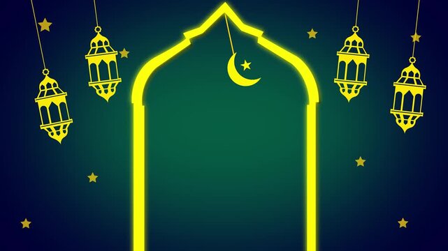 Glowing mosque arch doorway with hanging lanterns, crescent moon and stars on dark blue-green background, islamic ramadan or eid greeting card design.
