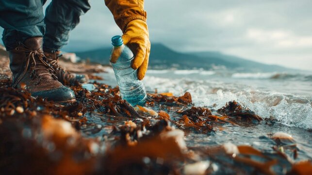 Person in yellow gloves picks up plastic bottle from polluted beach with seaweed and ocean waves