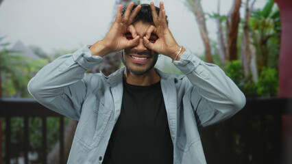 Young hispanic man making hand binoculars gesture and smiling widely amid lush green park trees;...