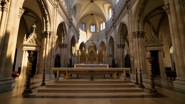 Interior of a historic church with arches and altar