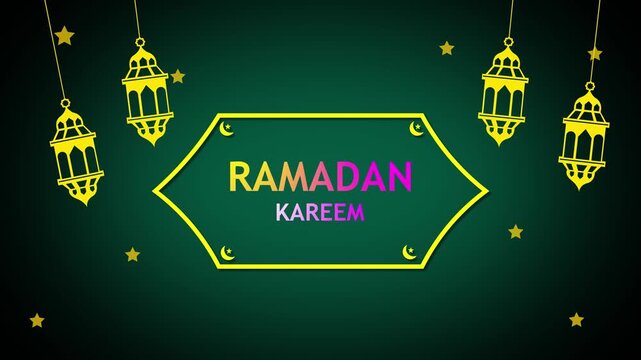 Ramadan kareem greeting banner on dark green background with gold hanging lanterns, stars, and decorative frame; modern festive islamic holiday design.
