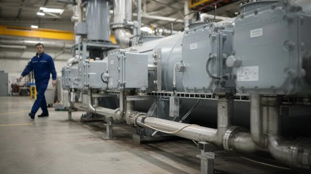 Indoor medium shot capturing upgraded explosionproof junction boxes and conduits installed along heavy machinery in a controlled hazardous environment.