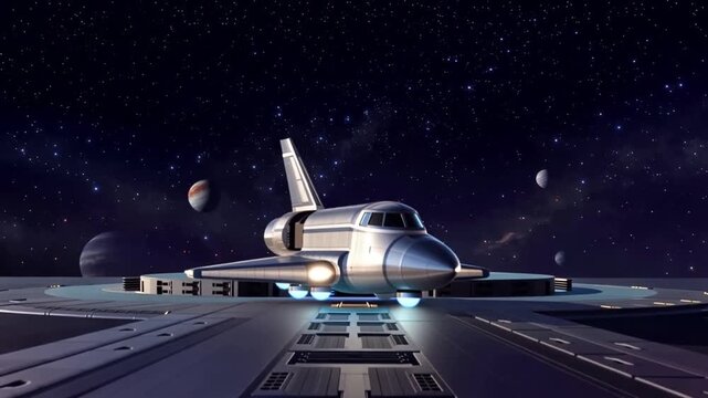 Space shuttle on launchpad in space with planets and stars