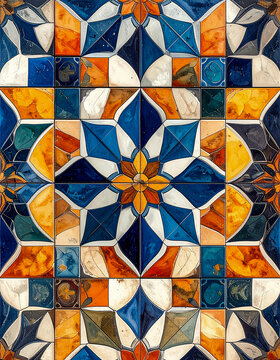 Patr&oacute;n geom&eacute;trico inspirado en azulejos mediterr&aacute;neos. Fondo decorativo colorido perfecto para dise&ntilde;o interior, arquitectura o fondos gr&aacute;ficos.
