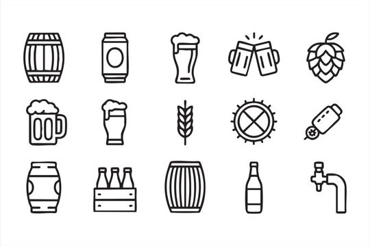 Beer brewing icon pack with craft brewery barrel mug bottle hops and barley ingredients