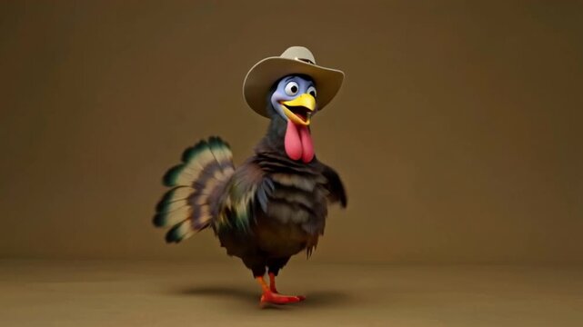 Comical turkey bird dancing energetically with wings raised, wearing traditional pilgrim hat, cheerful Thanksgiving atmosphere, isolated on rich brown background