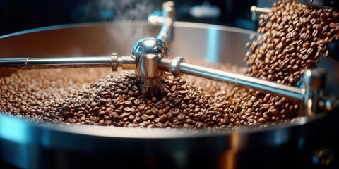 Close-up of fresh coffee beans tumbling in a professional roaster machine