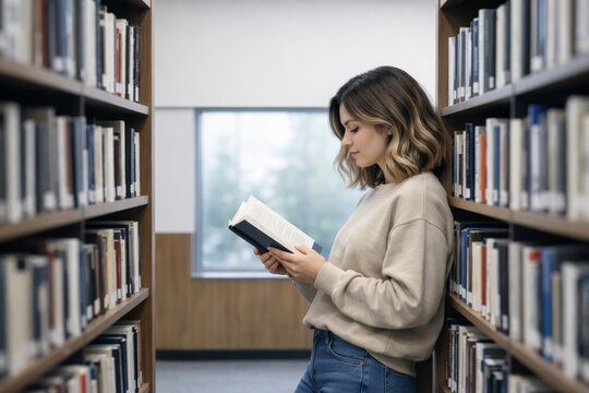 Student reading book in quiet library aisle setting. Ai generative