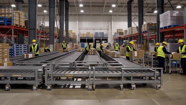 Warehouse workers in high vis vests on conveyor belt