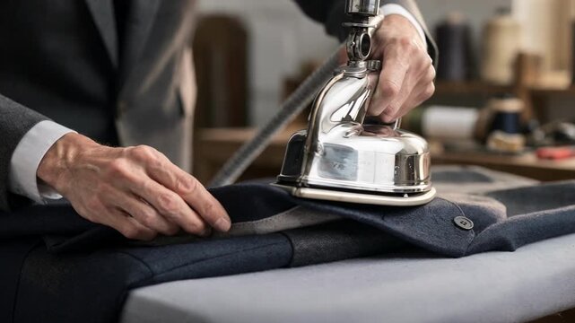 Tailor at work pressing a shawl collar with smooth rounded edges focusing on the delicate padding and rolling technique for an elegant garment detail.