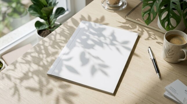 Blank presentation folder mockup on a beige desk with plant shadows
