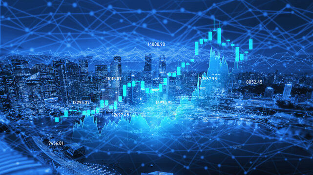 A stunning representation of financial growth featuring a graph overlay on a modern city skyline, encapsulating the spirit of stock market trends and data analytics. Scalp