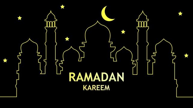 Minimal black and gold ramadan kareem greeting with mosque skyline outline, crescent moon and stars; elegant islamic holiday background for banners, cards and social posts.