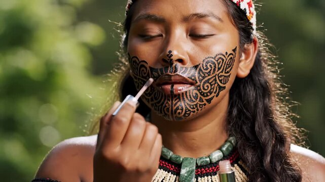 A young woman gracefully applies makeup, highlighting her tribal face painting.