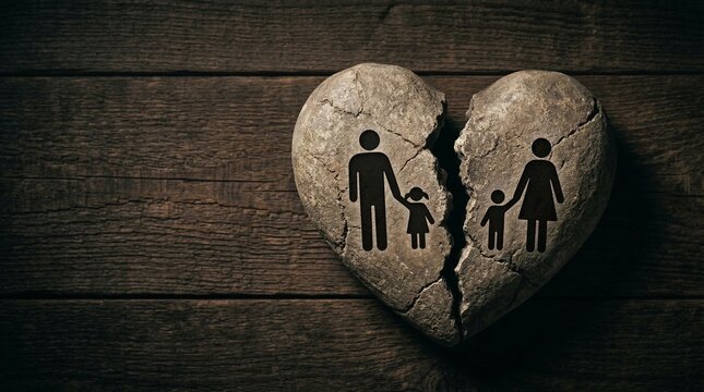 Broken stone heart with separated parents and children silhouettes symbolizing divorce family separation child custody conflict and emotional breakup concept