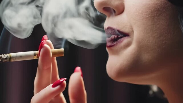 A captivating scene unfolds as a woman with alluring red nails indulges in smoking, her lips adorned with a deep shade. Wisps of smoke dance through the air, creating an enchanting atmosphere.