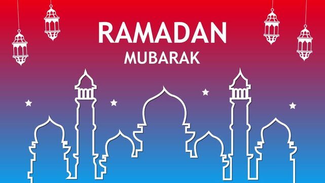 Ramadan mubarak greeting card with mosque skyline outline, hanging lanterns, stars, and red-to-blue gradient background, clean modern vector style.