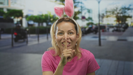 Fototapeta premium Young woman in pink shirt with bunny ears headband pressing finger to lips on city street; quiet secrecy.