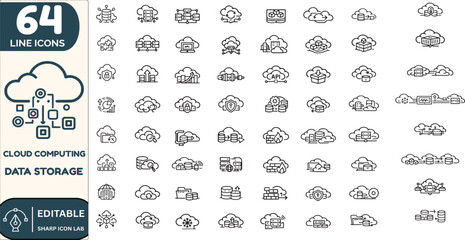 Cloud Computing and Data Storage Icon Set, Cloud Server, Database, Backup, Network Infrastructure, Big Data, Cyber Security and Digital Technology Vector Icons Collection