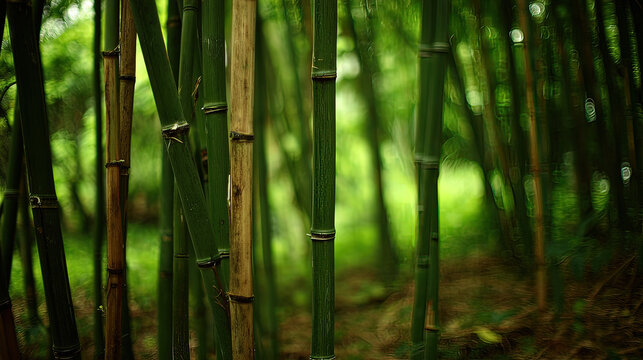 clacking. Bamboo stalks swaying and clacking in forest breeze with filtered daylight and motion blur. gardening catalogs, home-decor guides, designed for home decor and floral branding.
