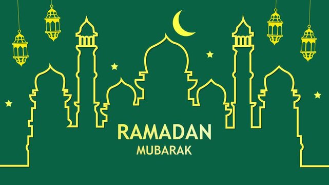 Green Ramadan greeting banner with yellow mosque skyline outline, crescent moon, stars, hanging lanterns, and text &ldquo;ramadan mubarak&rdquo; in minimalist vector style.
