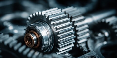 Fototapeta premium Close-up macro shot of interlocking metal gears and mechanical components in a dark industrial setting