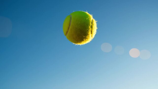 Against a stunning blue sky, a hand elegantly prepares to release a bright yellow tennis ball, embodying motion and vitality. This artistic moment is beautifully captured in four quadrants.