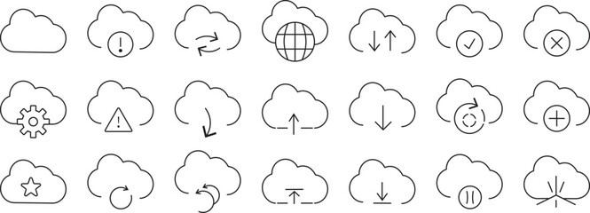 Obraz premium Minimal cloud line icons set, professional vector illustration of weather and cloud storage symbols,Sky and atmosphere collection icons, minimalist rain, sun, and cloud design elements 
