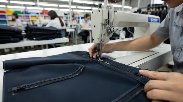 Medium shot of skilled operators sewing zipper attachments onto jacket panels showcasing precise stitching techniques in a busy apparel production line.