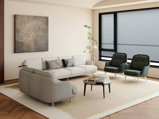 Fototapeta premium Large luxury modern bright interiors Living room mockup illustration 3D rendering Generated Color Image