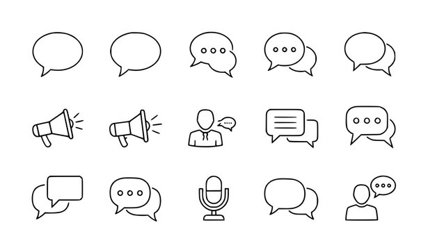 A set of minimalist line art icons representing communication and speech