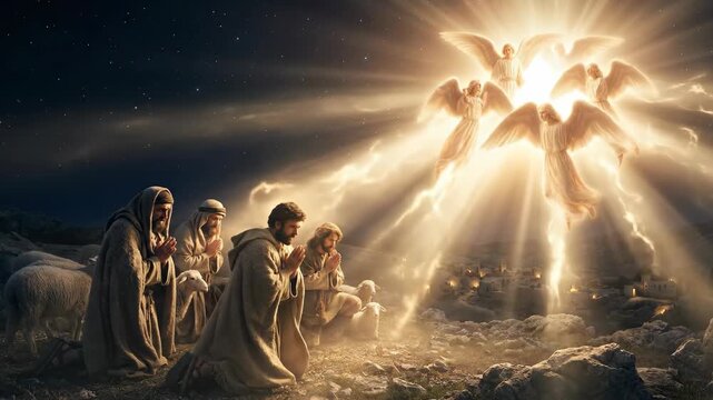 Shepherds watching angels appear in night sky. Biblical scene depicting announcement of birth of jesus. Divine light shining over bethlehem field at christmas.